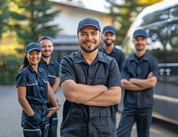 A group of men in blue uniforms are posing for a picture in front of a van. Scene is friendly and professional